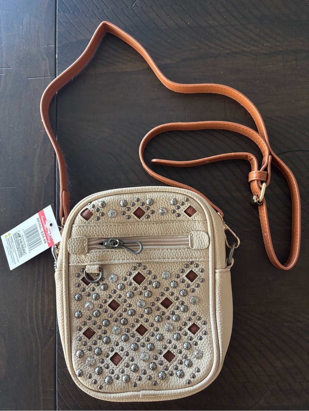 American Bling Western Studded‎ Rhinestone Crossbody Bag Taupe